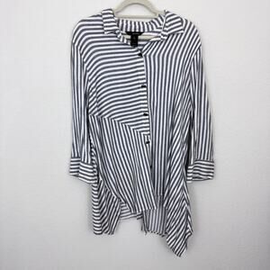 Ali Miles Women Button Blouse Tunic Top Sz XL Artsy Stripe Flowy Lagonlook Black